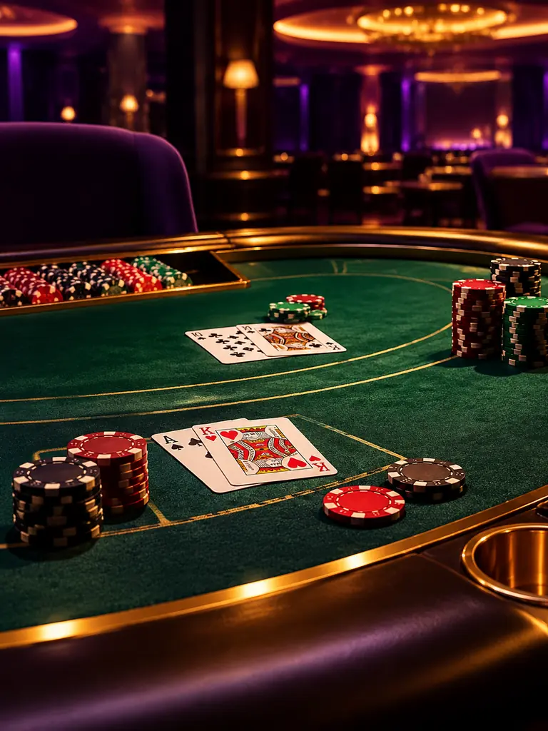 Meja casino dengan kartu dan roda roulette
